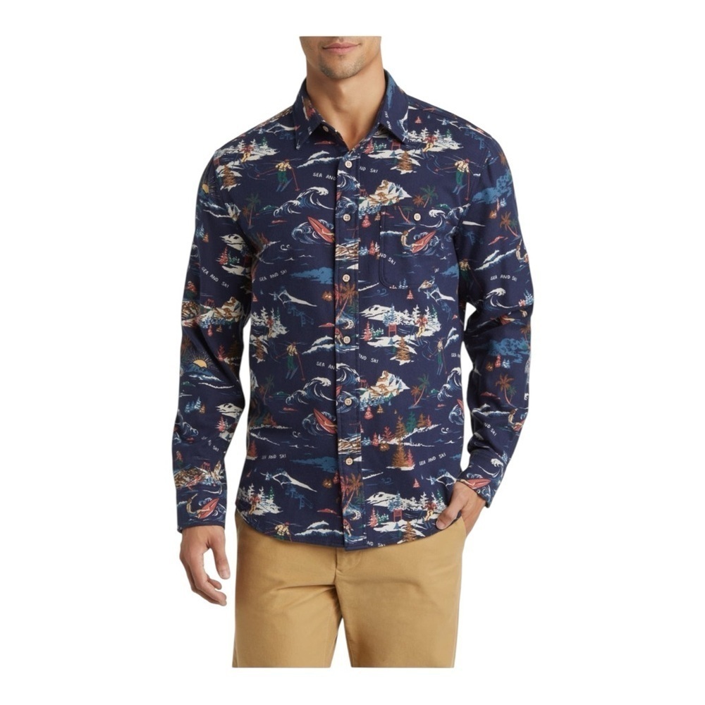Faherty Super Brushed Stretch Flannel Button-Up Shirt - Navy Sea To Ski NWT